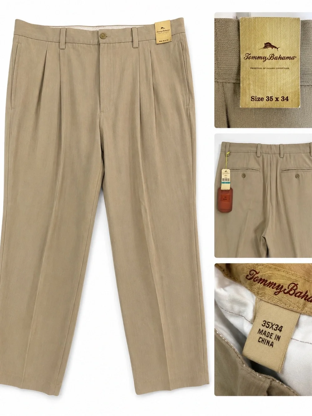 Tommy Bahama Grayston Pleated Dress Pants Beige Sisal 35x34 NWT